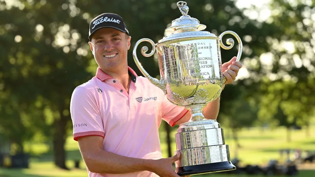 Justin Thomas of the USA celebrates with the Wanamaker Trophy after the final round of the PGA Championship at Southern Hills Country Club on May 22, 2022. (Source: Ross Kinnaird/Getty Images)