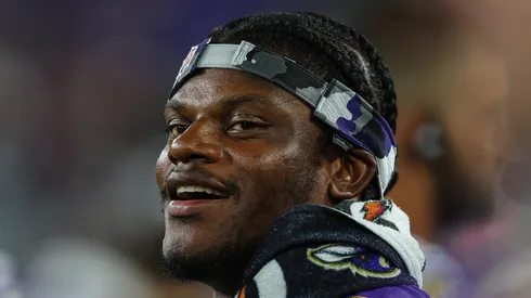 Lamar Jackson #8 of the Baltimore Ravens looks on from the sidelines during the second half against the Tennessee Titans at M&T Bank Stadium on August 11, 2022 in Baltimore, Maryland.