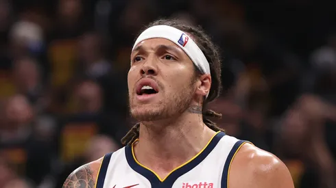 Aaron Gordon #32 of the Denver Nuggets reacts during the first quarter of Round Two Game One of the 2025 NBA Playoffs O