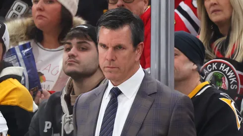 Head coach Mike Sullivan of the Pittsburgh Penguins looks on against the Chicago Blackhawks during the second period at the United Center on February 15, 2024 in Chicago, Illinois.