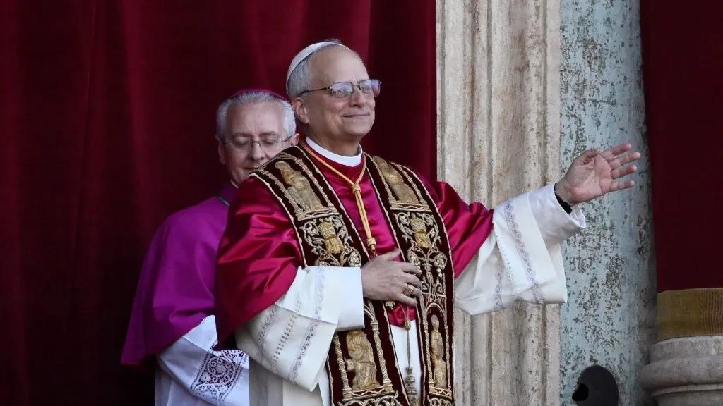 The newly elected Pontiff, Pope Leo XIV is seen for the first time from the Vatican balcony on May 8, 2025 in Vatican City, Vatican. Cardinal Robert Prevost will be known as Pope Leo XIV.