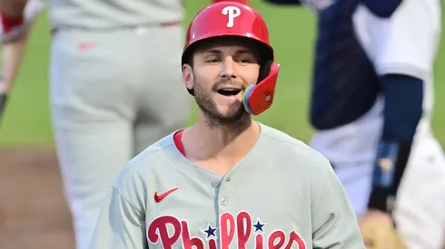 Trea Turner celebrates after hitting a home run on May 07, 2025 in Tampa, Florida.