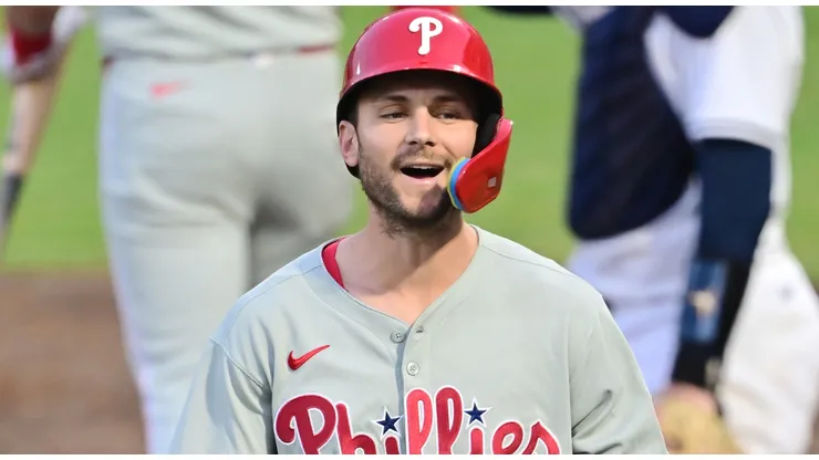 Trea Turner celebrates after hitting a home run on May 07, 2025 in Tampa, Florida.