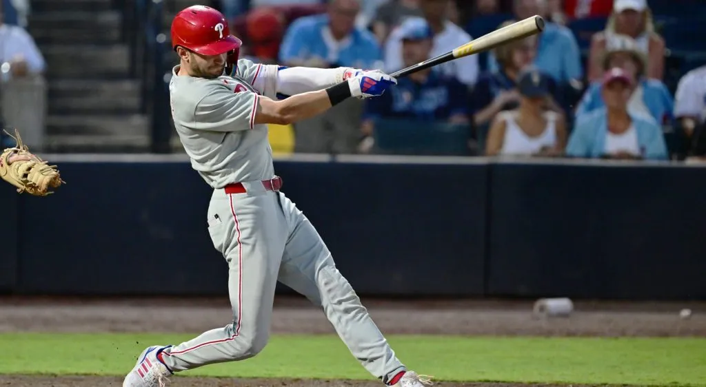 Trea Turner #7 of the Philadelphia Phillies hits an RBI single in the fourth inning against the Tampa Bay Rays at George M. Steinbrenner Field on May 07, 2025 in Tampa, Florida. (Photo by Julio Aguilar/Getty Images)