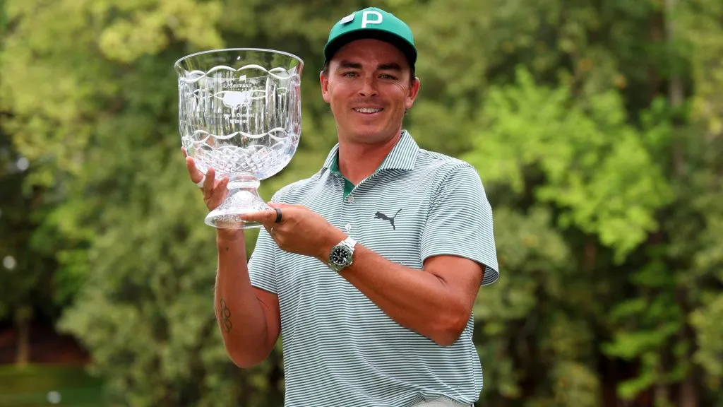 Rickie Fowler of the United States celebrates after winning the Par Three Contest prior to the 2024 Masters Tournament at Augusta National Golf Club on April 10, 2024. (Source: Andrew Redington/Getty Images)