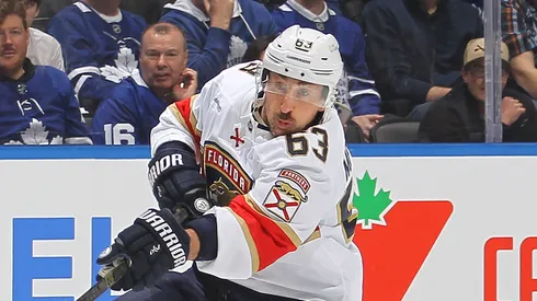 Brad Marchand #63 of the Florida Panthers has a shot blocked by Morgan Rielly #44 of the Toronto Maple Leafs during the first period in Game One of the second round of the 2025 Stanley Cup Playoffs at Scotiabank Arena on May 5, 2025 in Toronto, Ontario, Canada.