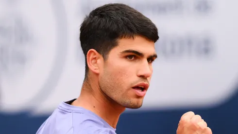 Carlos Alcaraz celebrates winning a point during Barcelona