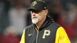 Manager Derek Shelton #17 of the Pittsburgh Pirates in the eighth inning at Angel Stadium of Anaheim on April 22, 2025 in Anaheim, California.