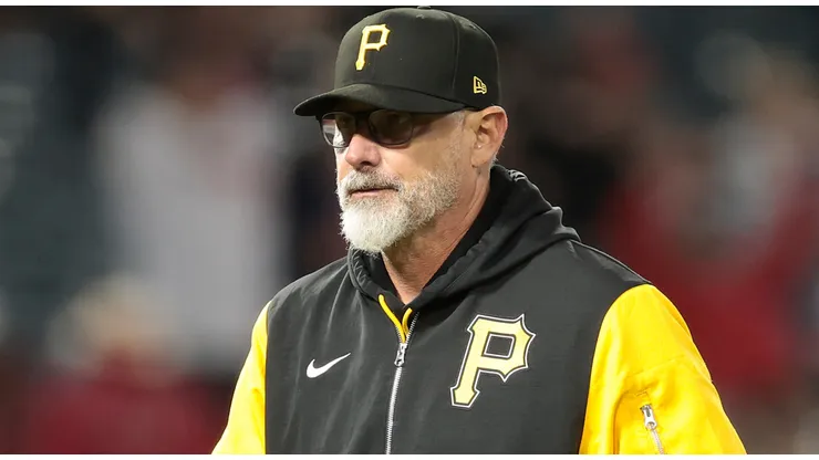 Manager Derek Shelton #17 of the Pittsburgh Pirates in the eighth inning at Angel Stadium of Anaheim on April 22, 2025 in Anaheim, California.