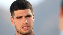 Carlos Alcaraz of Spain sits for an interview during the BNP Paribas Open at Indian Wells Tennis Garden.
