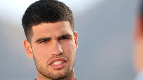 Carlos Alcaraz of Spain sits for an interview during the BNP Paribas Open at Indian Wells Tennis Garden.