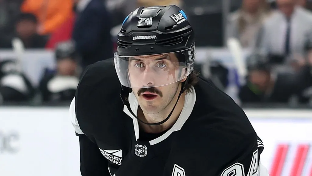 Phillip Danault #24 of the Los Angeles Kings in action against the St. Louis Blues at Crypto.com Arena on March 08, 2025 in Los Angeles, California.