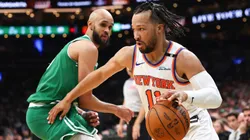 Jalen Brunson #11 of the New York Knicks drives to the basket against Derrick White #9 of the Boston Celtics in Game Two of the Eastern Conference semifinals.