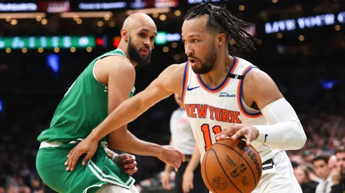 Jalen Brunson #11 of the New York Knicks drives to the basket against Derrick White #9 of the Boston Celtics in Game Two of the Eastern Conference semifinals.