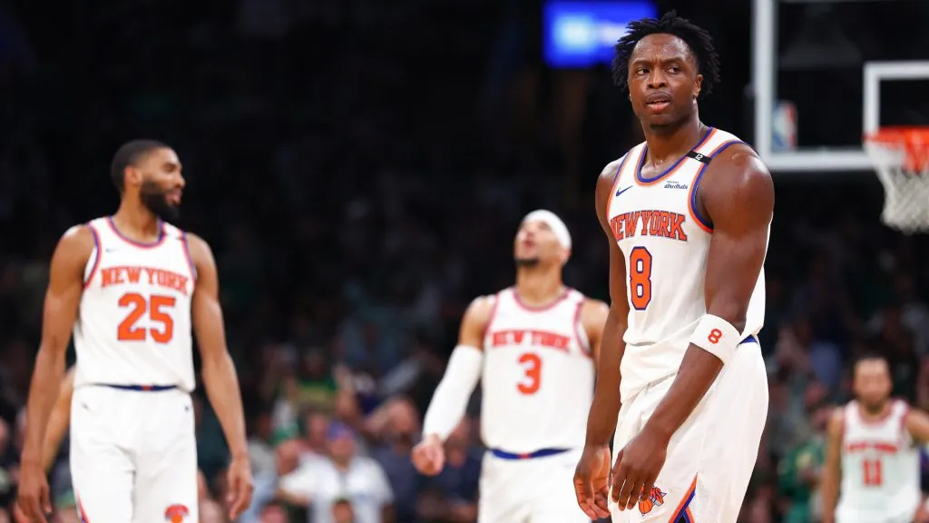 OG Anunoby #8 of the New York Knicks reacts against the Boston Celtics in Game Two of the Eastern Conference NBA Playoffs semifinals at TD Garden. (Maddie Meyer/Getty Images)
