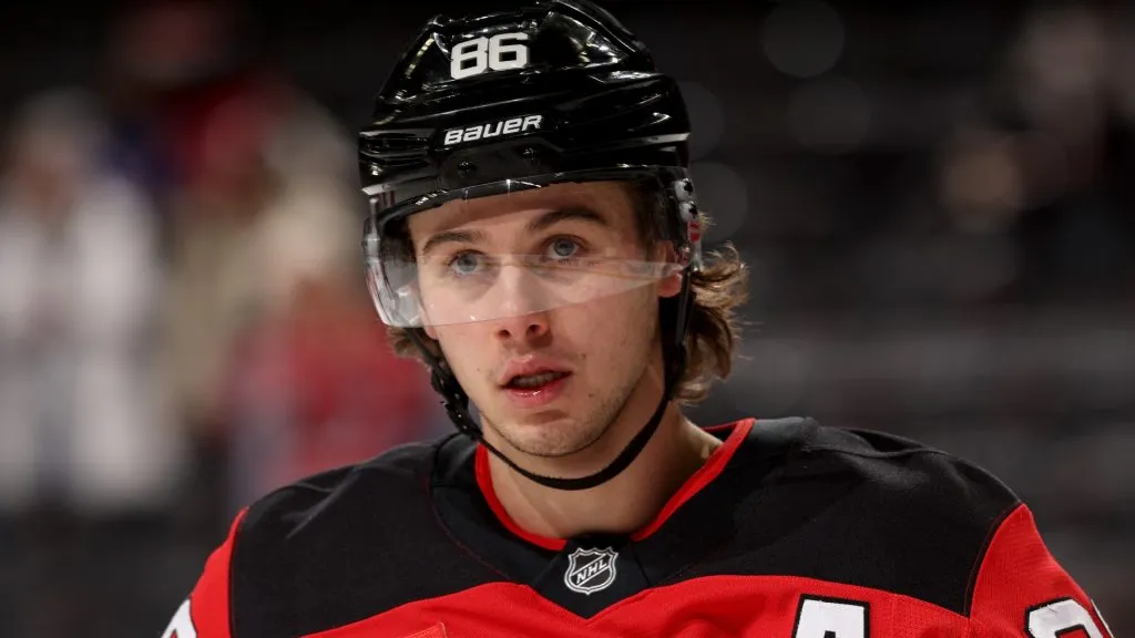 Jack Hughes #86 of the New Jersey Devils looks on before the game against the New York Rangers at Prudential Center on December 23, 2024 in Newark, New Jersey.