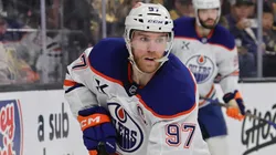 Connor McDavid #97 of the Edmonton Oilers skates with the puck against the Vegas Golden Knights in the second period of Game Two of the Second Round of the 2025 Stanley Cup Playoffs at T-Mobile Arena on May 08, 2025 in Las Vegas, Nevada.