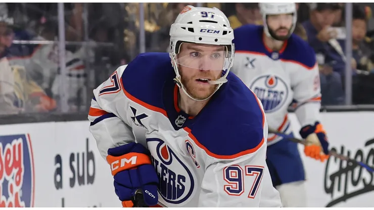 Connor McDavid #97 of the Edmonton Oilers skates with the puck against the Vegas Golden Knights in the second period of Game Two of the Second Round of the 2025 Stanley Cup Playoffs at T-Mobile Arena on May 08, 2025 in Las Vegas, Nevada.