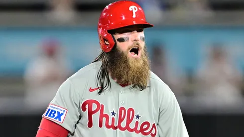 Brandon Marsh #16 of the Philadelphia Phillies reacts after hitting the go-ahead RBI double in the tenth inning against the Tampa Bay Rays at George M. Steinbrenner Field on May 08, 2025 in Tampa, Florida.
