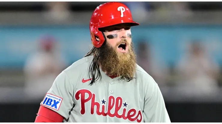 Brandon Marsh #16 of the Philadelphia Phillies reacts after hitting the go-ahead RBI double in the tenth inning against the Tampa Bay Rays at George M. Steinbrenner Field on May 08, 2025 in Tampa, Florida.