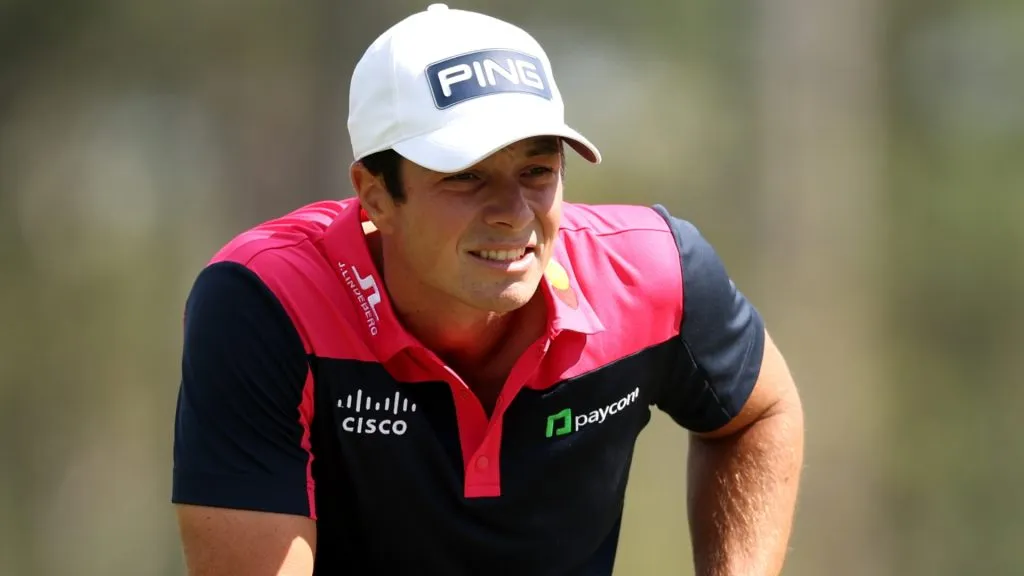 Viktor Hovland of Norway lines up a putt on the eighth green during the third round of the 2025 Masters Tournament at Augusta National Golf Club on April 12, 2025. (Source: Richard Heathcote/Getty Images)