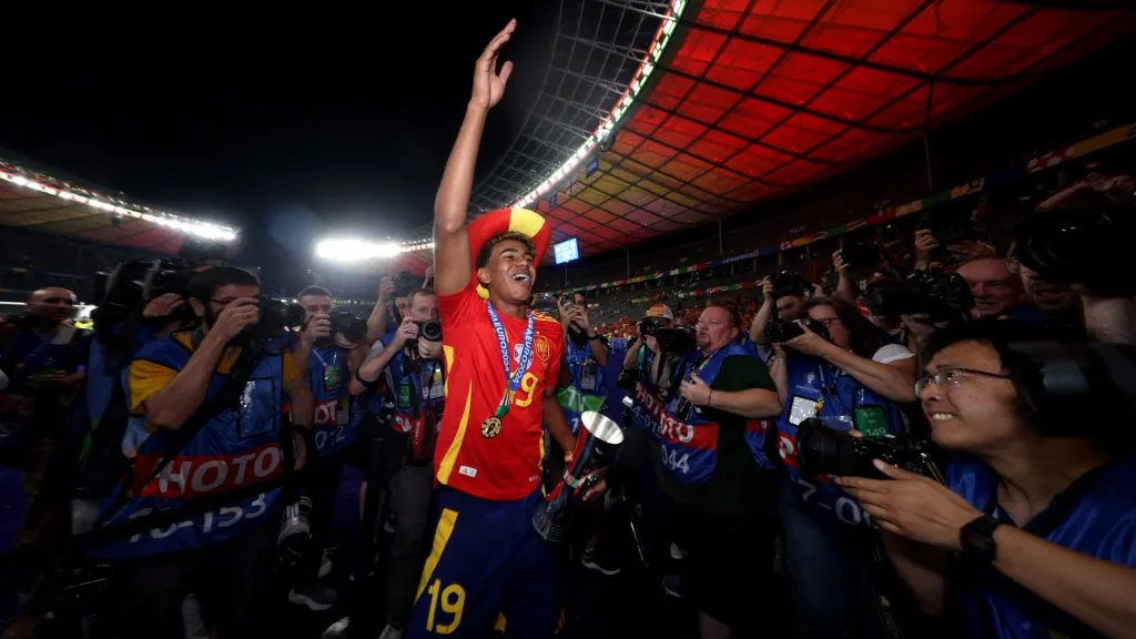 Lamine Yamal of Spain celebrates with his winners medal and ‘Best Young Player’ award after victory over England in the UEFA EURO 2024 final. (Richard Pelham/Getty Images)