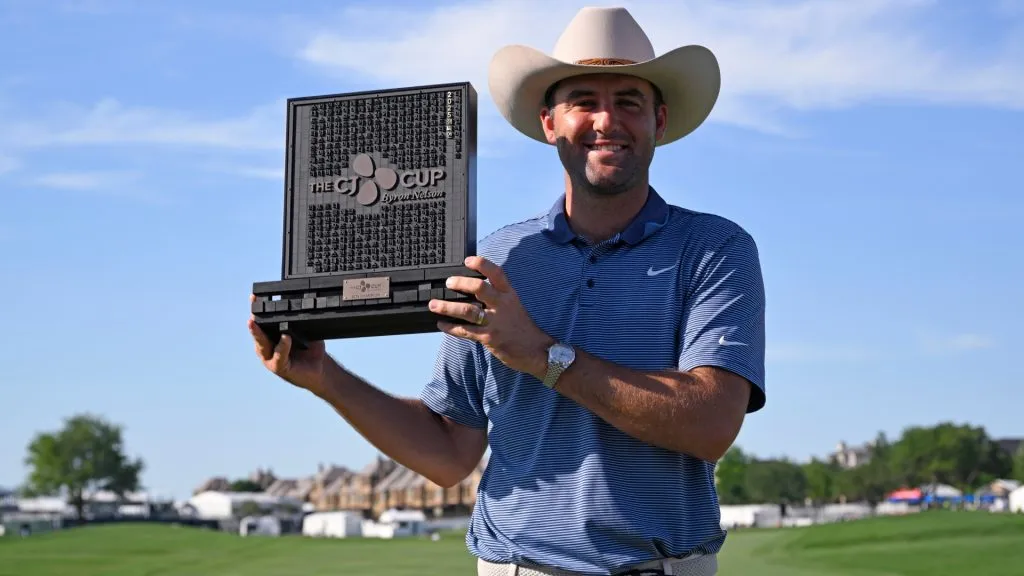 Scottie Scheffler of the United States poses with the winner’s trophy after the final round of THE CJ CUP Byron Nelson 2025 at TPC Craig Ranch on May 04, 2025. (Source: Orlando Ramirez/Getty Images for The CJ Cup)