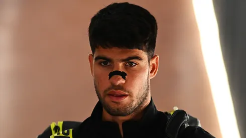 Carlos Alcaraz of Spain looks on before walking out on court prior to the Men's Singles Second Round match against Dusan Lajovic during the Masters of Rome.