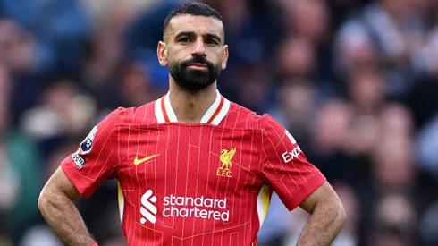 Mohamed Salah of Liverpool looks dejected after Jarell Quansah of Liverpool (not pictured) scores an own goal, the second goal for Chelsea, during the Premier League match between Chelsea FC and Liverpool FC at Stamford Bridge on May 04, 2025 in London, England.