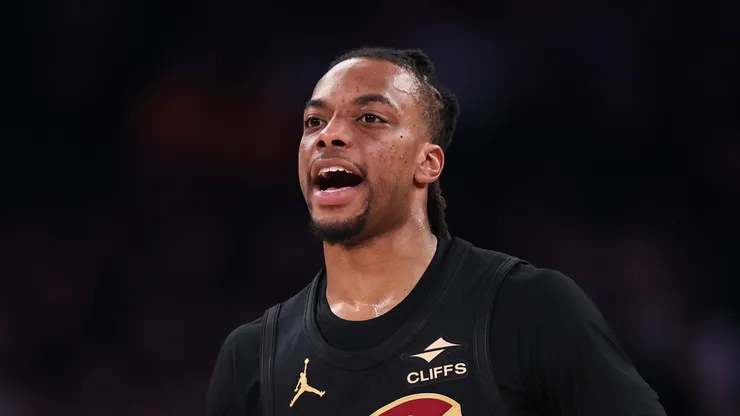 Darius Garland #10 of the Cleveland Cavaliers reacts during the first quarter of the game against the New York Knicks