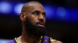 LeBron James #23 of the Los Angeles Lakers looks on against the Dallas Mavericks during the fourth quarter at American Airlines Center on April 09, 2025 in Dallas, Texas.