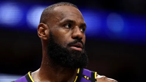 LeBron James #23 of the Los Angeles Lakers looks on against the Dallas Mavericks during the fourth quarter at American Airlines Center on April 09, 2025 in Dallas, Texas.