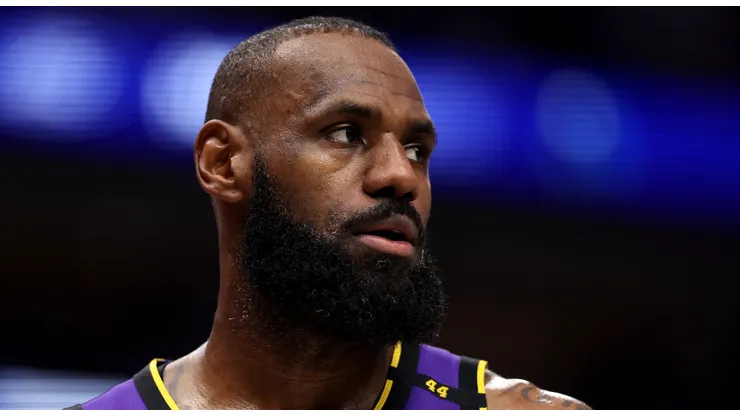 LeBron James #23 of the Los Angeles Lakers looks on against the Dallas Mavericks during the fourth quarter at American Airlines Center on April 09, 2025 in Dallas, Texas.
