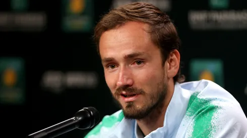 Daniil Medvedev fields questions from the media during the BNP Paribas Open at Indian Wells Tennis Garden.
