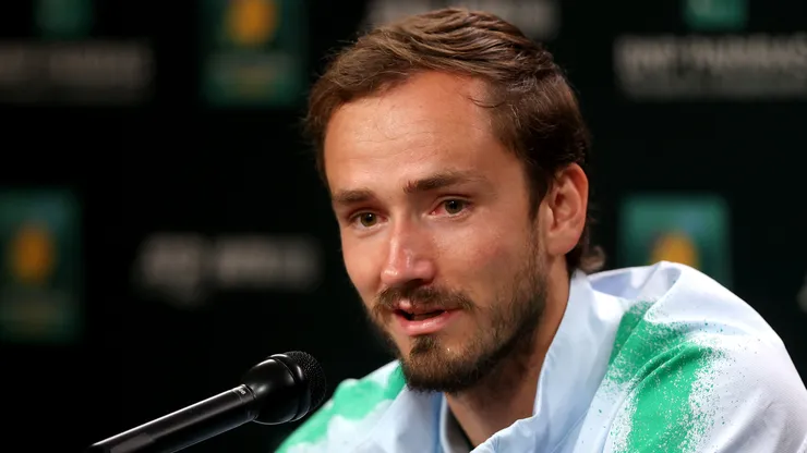 Daniil Medvedev fields questions from the media during the BNP Paribas Open at Indian Wells Tennis Garden.