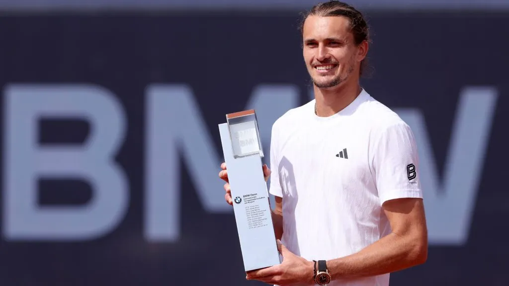 Alexander Zverev of Germany poses with the trophy and after winning the final match against Ben Shelton of USA on day nine of the BMW Open. (Alexander Hassenstein/Getty Images for BMW)
