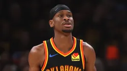 Shai Gilgeous-Alexander #2 of the Oklahoma City Thunder controls the ball during the first half of Round Two Game One of the 2025 NBA Playoffs against the Denver Nuggets