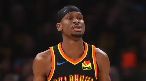 Shai Gilgeous-Alexander #2 of the Oklahoma City Thunder controls the ball during the first half of Round Two Game One of the 2025 NBA Playoffs against the Denver Nuggets