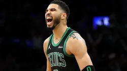 Jayson Tatum #0 of the Boston Celtics reacts after a play against the Orlando Magic.