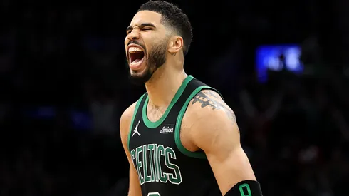 Jayson Tatum #0 of the Boston Celtics reacts after a play against the Orlando Magic.