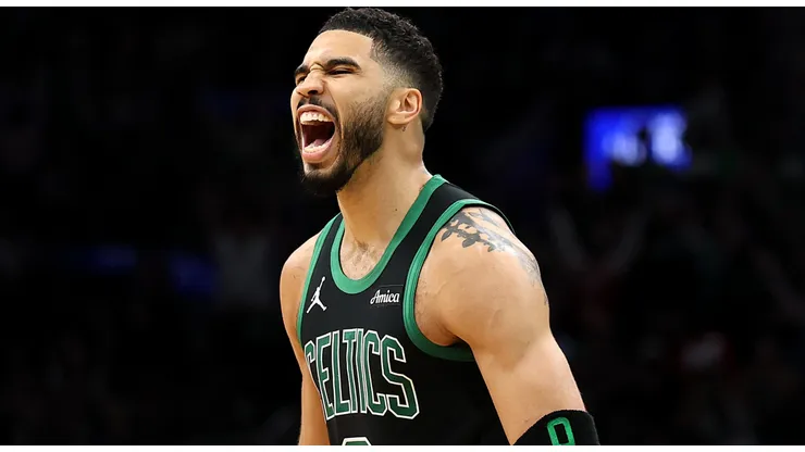 Jayson Tatum #0 of the Boston Celtics reacts after a play against the Orlando Magic.