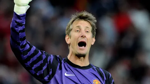 Edwin van der Sar of Manchester United celebrates after his team's second goal during the UEFA Champions League Semi Final second leg match between Manchester United and Schalke
