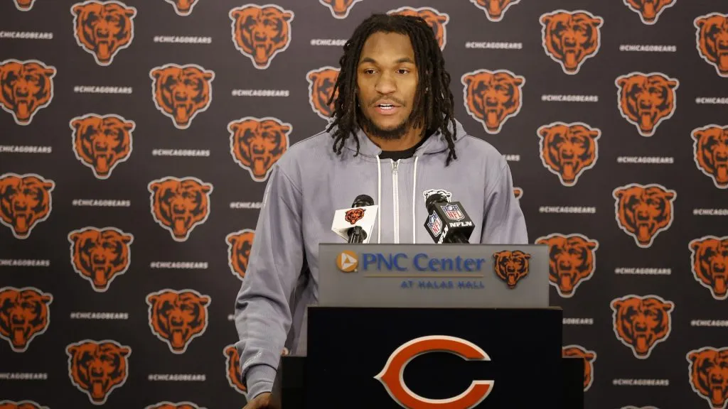 Luther Burden III #87 of the Chicago Bears speaks to the media after the Chicago Bears