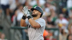 Jasson Domínguez #24 of the New York Yankees celebrates after hitting a solo home run against the Athletics in the third inning at Sutter Health Park on May 09, 2025 in Sacramento, California.