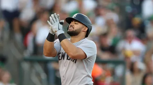 Jasson Domínguez #24 of the New York Yankees celebrates after hitting a solo home run against the Athletics in the third inning at Sutter Health Park on May 09, 2025 in Sacramento, California.