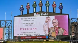 The outfield video board displays a congratulatory message for Pope Leo XIV before the game between the Miami Marlins and the Chicago White Sox at Rate Field on May 9, 2025 in Chicago, Illinois.