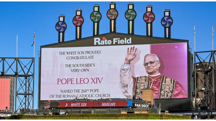 The outfield video board displays a congratulatory message for Pope Leo XIV before the game between the Miami Marlins and the Chicago White Sox at Rate Field on May 9, 2025 in Chicago, Illinois.