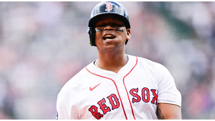 Rafael Devers #11 of the Boston Red Sox stands on deck in the first inning against the Texas Rangers at Fenway Park on May 08, 2025 in Boston, Massachusetts.