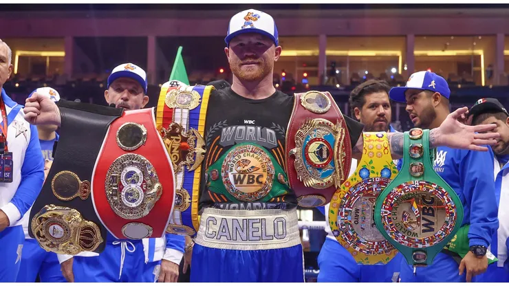 Saul "Canelo" Alvarez poses with his belts after beating William Scull to win the Super- Middleweight World Championship on the Fatal Fury City of Wolves card at ANB Arena on May 03, 2025 in Riyadh, Saudi Arabia.