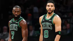 Jayson Tatum #0 of the Boston Celtics and Jaylen Brown #7 look on in Game Five of the Eastern Conference First Round NBA Playoffs against the Orlando Magic at TD Garden on April 29, 2025 in Boston, Massachusetts.